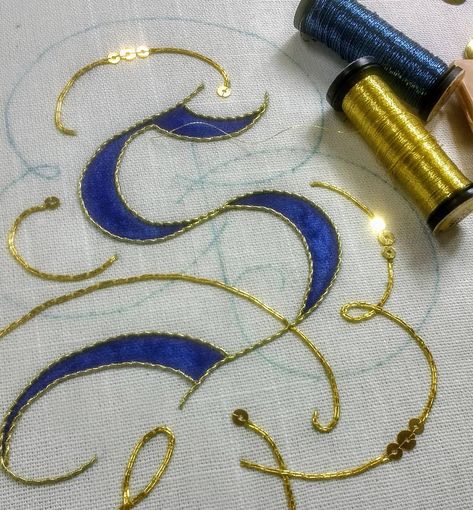 A bit more progress!  #embroideredmonogram #illuminatedletters #goldworkembroidery #heritageskills #handembroidery Gold Work Embroidery Pattern, Goldwork Embroidery, Tambour Beading, Gold Work Embroidery, Tambour Embroidery, Embroidery Hand, Couture Embroidery, Embroidery Letters, Embroidery Monogram