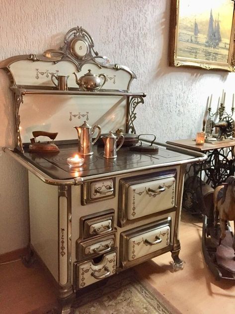 Antique Kitchen Stoves, Antique Wood Stove, Wood Burning Cook Stove, Vintage Oven, Retro Kitchen Appliances, Vintage Kitchen Appliances, Old Stove, Wood Stove Cooking, Wood Stove Fireplace