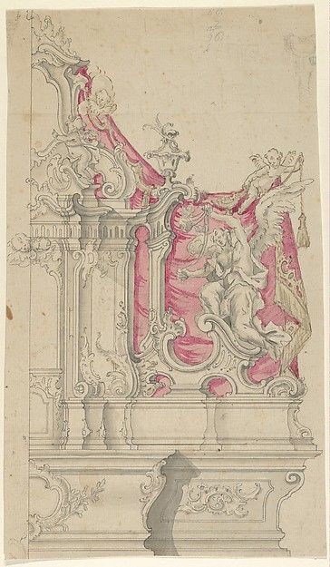 Anonymous, German, South Germany, 18th century | Right Half of a Design for an Altar in Rococo Style | The Met Dark Academia Sketches, South Germany, Alphonse Mucha Art, Rococo Art, Iphone Wallpaper Sky, Architecture Drawing Art, A3 Poster, Architecture Poster, Architectural Sketch