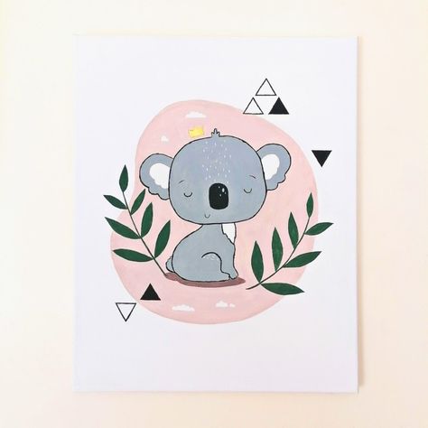 A painting which has koala and leaves on it for kids room Koala Canvas Painting, Koala Painting, Wall Art For Kids Room, Art For Kids Room, Mini Toile, Wall Art For Kids, Mini Canvas Art, Mini Canvas, Mini Paintings