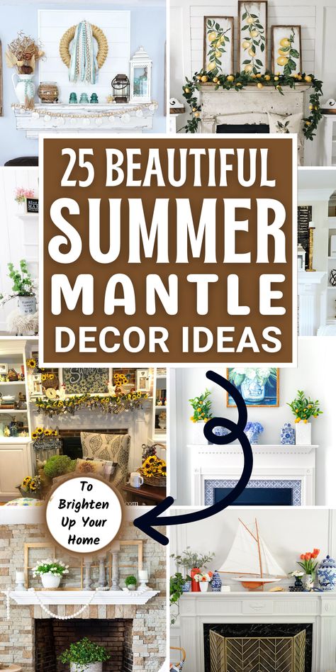 Transform your home into a summer paradise with these stunning Summer Mantle Decor ideas! From Coastal and Nautical themes to Tropical and Boho styles, we’ve got you covered with unique and creative decor inspirations. Whether you prefer rustic, vintage, or modern mantel decor, you’ll find plenty of ideas to brighten up your mantle and add a touch of summer to your living space. These Summer Mantle Decor ideas are perfect to transform your home into a summer oasis. Living Room Summer Decor, Spring Summer Mantel Decorating Ideas, Summer Hearth Decor, Decorating Mantels Ideas, Outdoor Mantel Decor, Summer Fireplace Ideas, Modern Summer Decor, Early Summer Decor, Beach Mantel Decorating Ideas