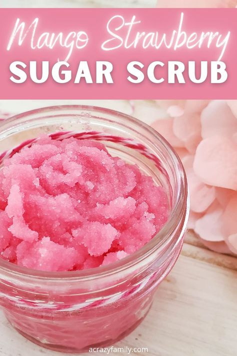 Strawberry Sugar Scrub, Scrub Ideas, Body Scrub Homemade Recipes, Linda Davis, Diy Body Scrub Recipes, Diy Sugar Scrub Recipe, Sugar Scrub Cubes, Strawberry Sugar, Lip Scrub Recipe