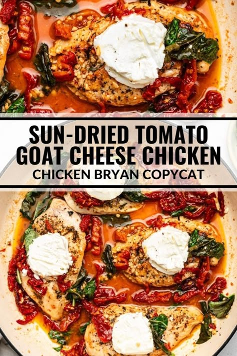 Sun-Dried Tomato Goat Cheese Chicken (Chicken Bryan Copycat) - The Whole Cook Sun Dried Tomato Goat Cheese Chicken, Goat Cheese Sundried Tomato Chicken, Sundried Tomato Chicken Crockpot, Dinners With Goat Cheese, Goat Cheese Chicken Recipes, Chicken And Sundried Tomato Recipes, Sauteed Chicken Recipes, Chicken With Goat Cheese, Goat Cheese Chicken