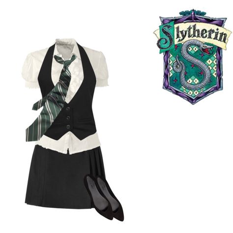 A fashion look from August 2013 featuring white blouse, Forever 21 and black skirt. Browse and shop related looks. Slytherin Uniform Female, Slytherin Uniform, Slytherin Clothes, Harry Potter Dress, Harry Potter Oc, Fantasy Fashion, White Blouse, Black Skirt, Nine West