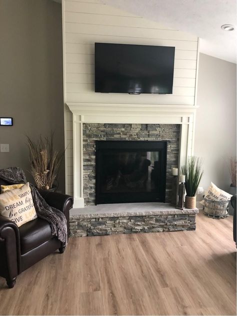 Shiplap Fireplace Wall, Fireplace Accent Wall, Fireplace Accent Walls, Fireplace And Tv, Fake Walls, Stacked Stone Panels, Fireplace Feature Wall, Stacked Stone Fireplaces, Faux Stone Panels