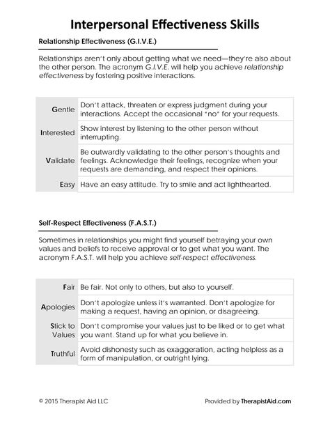 DBT interpersonal effectiveness - positive communication in relationships and self respect boundaries- therapist aid Dbt Interpersonal Effectiveness Activities, Interpersonal Effectiveness Skills, Interpersonal Effectiveness Activities, Therapist Aid Worksheets, Dbt Skills Worksheets, Communication In Relationships, Positive Communication, Couples Therapy Worksheets, Dbt Therapy