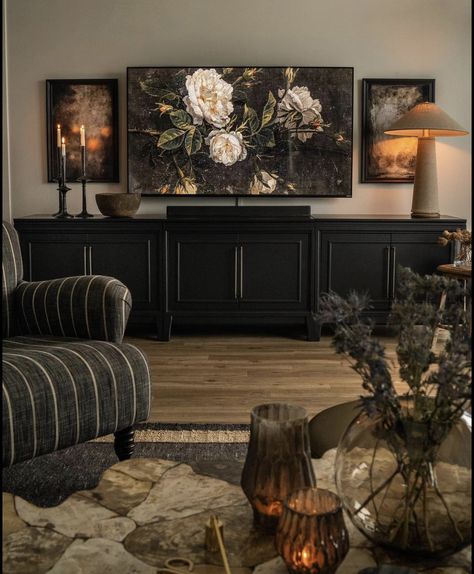 Dark Academia Entertainment Center, Moody Tv Stand Decor, Sideboard Styling Under Tv, French Country Tv Room, Moody Tv Wall, Dark Academia Tv Room, Moody French Provincial Living Room, Around The Tv Wall Decor, Dark Academia Tv Stand