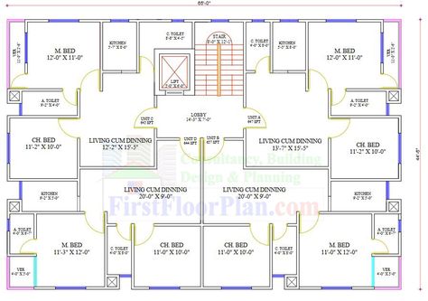 The floor plan appears to be for a four-unit residential building with two units on each side. While the text mentions 4 units, the labels o... Unit Floor Plan, 25×60 House Plan West Facing, 30x50 Duplex House Plans East Facing, 8 Marla House Plan Pakistan, 6 Marla House Plan In Pakistan, 10 Marla House Plan Pakistan, Drawing House Plans, Unit Plan, Residential House