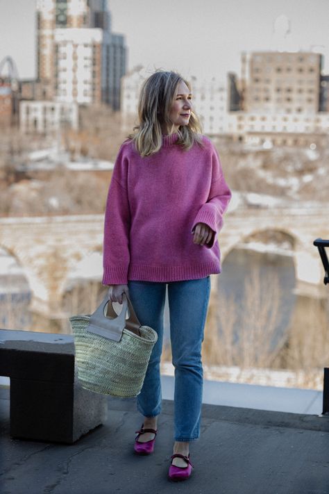 Karin Emily wears a pink sweater, blue jeans, and a pair of pink Mary Jane's Karin Emily, Emily Style, Ootd Spring, Clothing Photography, Early Spring, A Color, Outfit Details, Pink Sweater, Winter Wardrobe