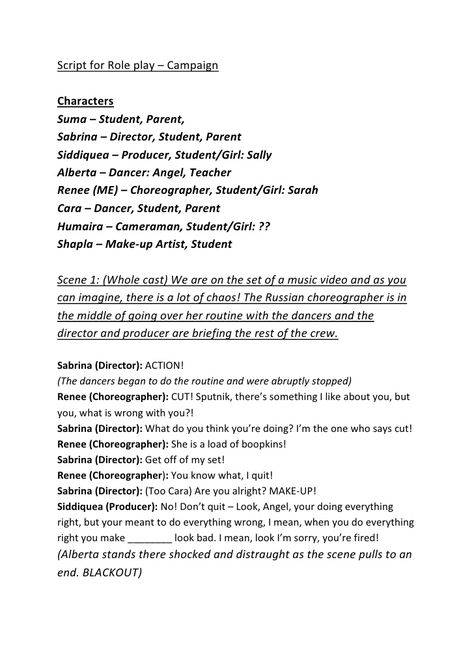 Script for Role play – CampaignCharactersSuma – Student, Parent,Sabrina – Director, Student, ParentSiddiquea – Producer, S... English Drama Script For Students, Short Drama Scripts For Students, Role Play Scripts Student, English Drama Script With Moral, English Drama Script, Role Play Scripts, Short Drama Script, Play Scripts For Kids, Short Film Scripts