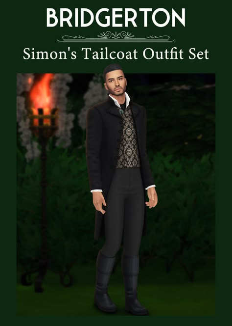 [Lonelyboy] TS4 Bridgerton Simon's Tailcoat Outfit Set | HappyLifeSims (Koonam) Sims 4 Cc Bridgerton Clothes, Sims Bridgerton, Tailcoat Outfit, Ts4 Bridgerton, Jewelry Sims 4, Sims 4 Regency Cc, Bridgerton House, Victorian Male, 1940s Wedding Dress