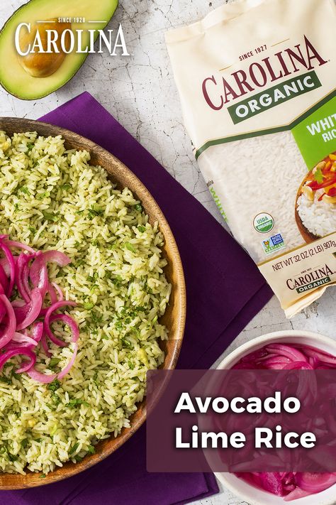 Only 20 minutes between you and zesty, delicious Avocado Lime Rice. Create with Carolina® Organic White Rice OR Substitute Carolina® Organic Brown Rice for white rice if preferred. Lime Rice Recipes, Avocado Rice, World Vegan Day, Side Dishes For Chicken, Rice Cooker Recipes, Lime Rice, Cooking White Rice, Organic Rice, Side Recipes