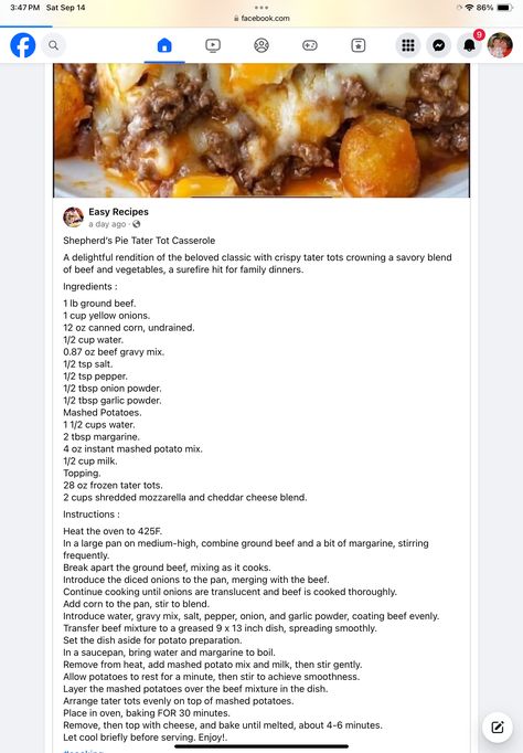 Easter Casserole, Beef Gravy Mix, Instant Mashed Potatoes, Beef Gravy, Tater Tot Casserole, Canned Corn, Shepherds Pie, Recipe Of The Day, Tater Tot