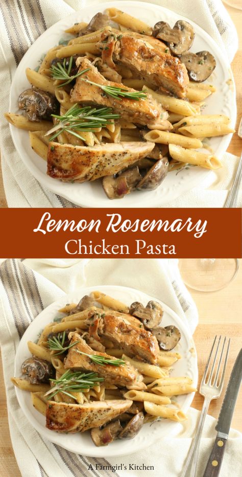 Lemon-Rosemary Chicken Pasta with mushrooms and a cream sauce is simple to make and the perfect weeknight dish.   #easyrecipe #pasta #dinner #lemon #mushrooms #rosemary Chicken Pasta Dinner Recipes, Chicken Pasta With Mushrooms, Rosemary Chicken Pasta, Pasta Dinner Recipes Chicken, Chicken Pasta Dinner, Chicken Mushroom Pasta, Pasta With Mushrooms, Recipes For Families, Rosemary Recipes