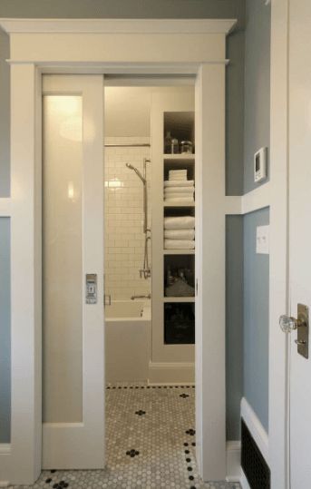 Small Baths, Bathroom Door Ideas, Small Bathroom Remodel Designs, Bathroom Closet, Bathroom Remodel Designs, Room Remodel, Trendy Bathroom, Wood Bathroom, Bathroom Doors