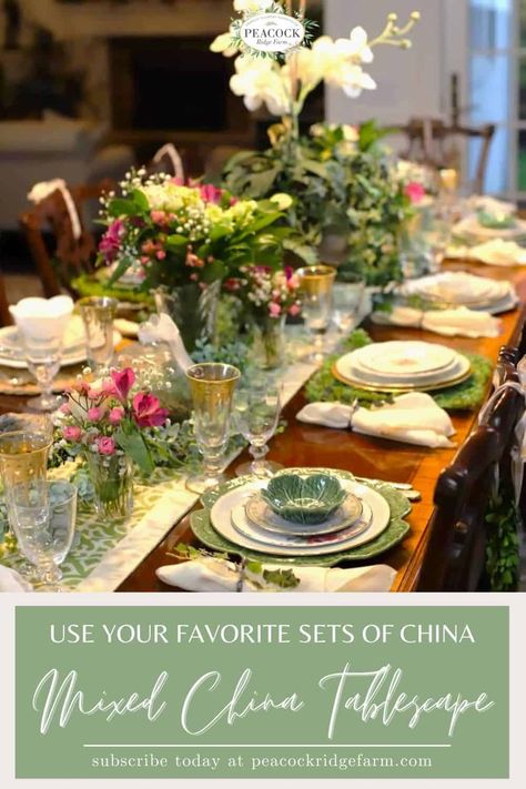 How to Create a Beautiful Mix and Match China Tablescape--10 Mix and Match Place Settings Perfect for Entertaining your Friends and Family Vintage Tablescapes Mismatched China, Mismatched Dishes Table Settings, Mix And Match Tablescape, Vintage China Tablescape, Mismatch China Table Setting, Mixing China Patterns, Vintage Mismatched Table Setting, China Table Setting Ideas, Vintage China Table Settings