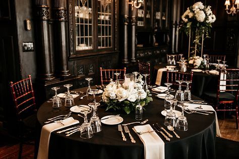 Dramatic Black & White Mansions on Fifth Wedding - Burgh Brides - A Pittsburgh Wedding Blog White Mansions, Black Table Linens Wedding, Black Tablecloth Wedding, Wedding Reception Intimate, Black Wedding Reception, Black Wedding Table, Micro Wedding Ideas, White Mansion, White Weddings Reception