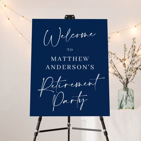 Modern Script Navy + White Retirement Party Sign - Retirement Party gifts Blue And Silver Retirement Party, Retirement Party Sign, Retirement Party Ideas, Retirement Party Gifts, Teacher Retirement, Work Family, Party Sign, Retirement Party, Retirement Parties