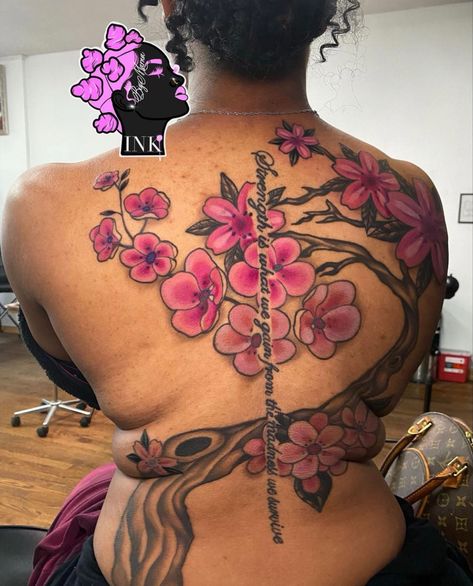 Pink Tattoo On Brown Skin, Colored Tattoos On Brown Skin, Tattoo On Brown Skin, Color Tattoos On Dark Skin, Tattoos On Dark Skin, Back Tattoos For Women, Pink Flower Tattoos, Purple Tattoos, Pink Tattoo