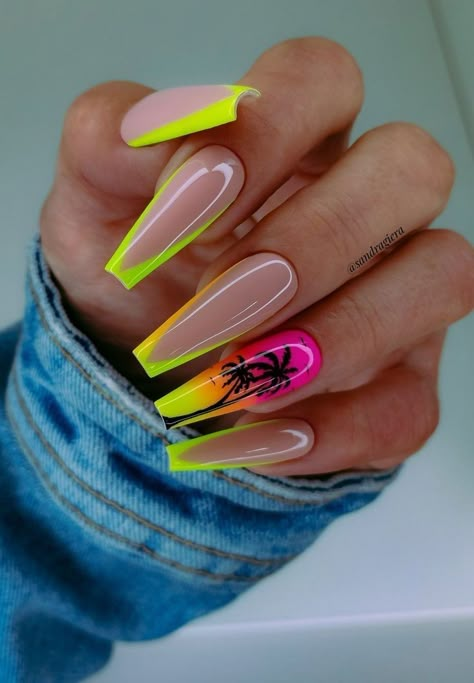 Yellow Nails With Palm Tree, Crazy Summer Nails Neon, Vibrant Vacation Nails, Neon Ballerina Nails, Tropical Vacation Nails Coffin, Tropical Gel Nail Designs, Nails Neon Tips, Nails Ballerina Summer, Pink Neon Nails Summer