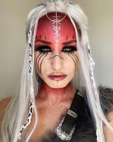 #warrior #norse #nordic #norsemythology #nordicwarrior #viking #shieldmaiden #pagan #creativemakeup #fantasymakeup #bodypainting #mua #makeuptutorial Nordic Warrior Woman, Hecate Makeup, Norse Makeup, Nordic Sisterhood, Pagan Spring, Fukari Art, Viking Face Paint, Haunt Makeup, Warrior Makeup