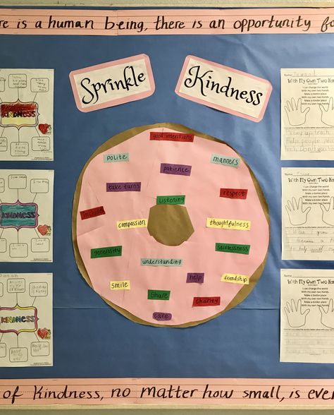 Sprinkle kindness pink donut bulletin board. Back to school night. Sprinkle Kindness Bulletin Board, Donut Bulletin Board Ideas, Pink Bulletin Board Ideas, Sprinkle Kindness Donut, Donut Bulletin Board, Montessori Classroom Management, Guidance Bulletin Boards, School Wellbeing, Donut Classroom