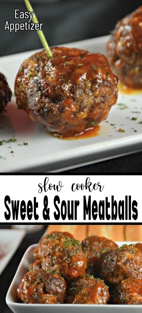 Close-up of a Slow Cooker Sweet and Sour Meatball with a toothpick in it on top of a bowlful. Sweet And Sour Meatballs, Crock Pot Meatballs, Slow Cooker Meatballs, Slow Cooker Desserts, Minced Meat, Bbq Ribs, Slow Cookers, Sweet And Sour, The Sauce