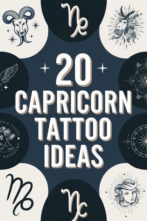 "20 Capricorn tattoo ideas surrounded by zodiac symbols and illustrations." Capricorn Horns Tattoo, Capricorn Sign Tattoo For Women, Minimalist Zodiac Tattoo, Tattoo Ideas Capricorn, Unique Capricorn Tattoo, Capricorn Tattoo Ideas For Women, Zodiac Tattoos Capricorn, Unique Capricorn Tattoo Ideas, Capricorn Tattoo For Women