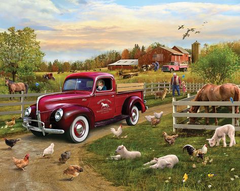 Green Truck, Blue Truck, Farm Scene, 1000 Piece Jigsaw Puzzles, White Mountain, Old Barn, On The Farm, The Farm, Big Canvas Art