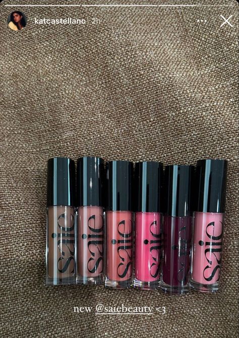 Make up Saie Lip Gloss, Saie Beauty Lip Gloss, Good Lipgloss Brands, Lippies Collection Aesthetic, Brown Makeup Products Aesthetic, Dark Red Lip Gloss Aesthetic, Luxury Lip Gloss Aesthetic, Makeup Bag Essentials, Lip Gloss Collection