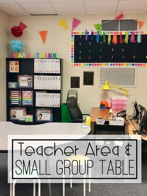 When I think of what I want my classroom to be for my students, a few different words come to mind: literacy focused welcoming inclusive of all cultures, ethnicities, (dis)ABILITIES, and differences motivating bright I decorated and yes…even designed my classroom layout this year with these five goals. I am pretty excited to share with … Reading Classroom Set Up, Classroom Small Group Table, Teacher Document Camera Desk, Elementary Classroom Calendar, Classroom Without Teacher Desk, Teacher Small Group Table Organization, Teacher Desk Ideas Work Spaces, 3rd Grade Classroom Setup Teacher Desks, Pretty Classroom Decor