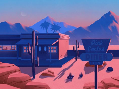 Desert Diner 🌵by Benthe Derks   #dribbble #design #illustration #desert #procreate Desert Visual Development, Lineless Background Art, Diner Illustration, Desert Mural, Lighting Illustration, Desert Illustration, Adobe Illustrator Art, Dribbble Design, Procreate Illustration