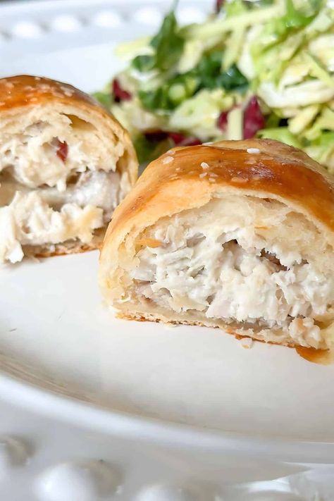 Chicken (Or Turkey) Crescent Rolls: Leftover's Perfect Solution - StoneGable Roll Appetizers, Stuffing Gravy, Crescent Roll Appetizers, Stone Gable, Creamed Turkey, Pastry Bites, Chicken Crescent Rolls, Chicken Crescent, Easy Dipping Sauce