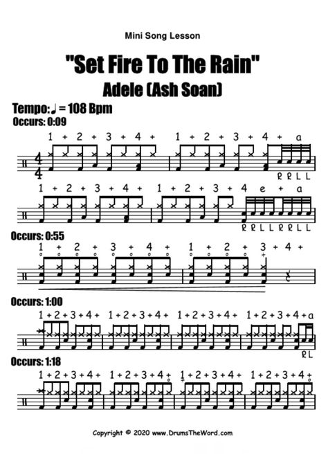 In this free drum lesson, I want to teach you the main parts from the song “Set Fire To The Rain” by Adele featuring Ash Soan on drums. You can download all of the sheet music AND watch a video drum lesson for free from my website by clicking the link above. Drum Sheet Music Songs, Tongue Drum Sheet Music, Drum Set Music, Popular Piano Sheet Music, Learn Drums, Set Fire To The Rain, Fire To The Rain, Trumpet Sheet Music, Drums Sheet