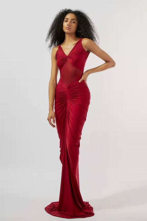 Deme by Gabriella | Designer Gowns, Tops, Dresses | Aza Fashions Maroon Gown, Ruched Gown, Knitwear Outfit, Ladies Gown, Fancy Hairstyles, Dresses By Length, Mesh Panel, Aza Fashion, Savannah