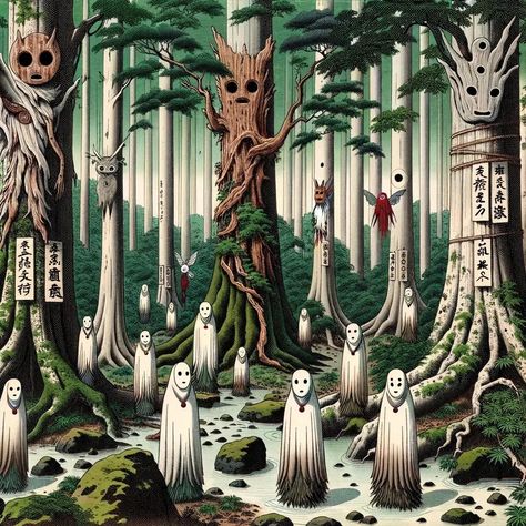 A kodama (木霊 or 木魂) is a spirit in Japanese folklore that lives in a tree (similar to the dryads of Greek mythology). Also known as kodama is the tree itself where one of these. Deku Tree, Japanese Forest, Japanese Mythology, Japanese Horror, Tree Spirit, Ghibli Artwork, Mythology Tattoos, Japanese Folklore, Forest Spirit