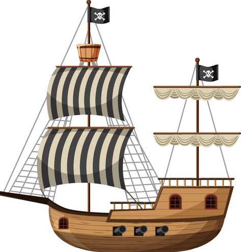 Pirate Ship in cartoon style isolated on white background Pirate Ship Clipart, Pirate Ship Illustration, Pirate Ship Design, Cartoon Pirate Ship, Ship Mast, Pirate Cartoon, Ship Deck, Ship Vector, Aquascape Design