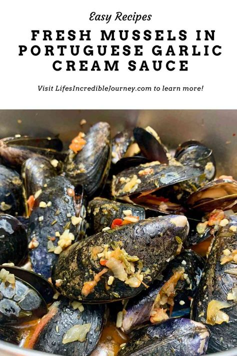 Easy Recipes - Steamed mussels in Portuguese-style Garlic Cream Sauce with wine    #food #foodie #mussels #steamedmussels #seafood #seafoodlovers #recipes #easyrecipes  via @https://www.pinterest.ca/wendynordvikcar/ Bouillabaisse Recipe, Portuguese Style, Steamed Mussels, Mussels Recipe, Garlic Cream Sauce, Wine Food, Portuguese Recipes, Cream Sauce, Seafood Dishes