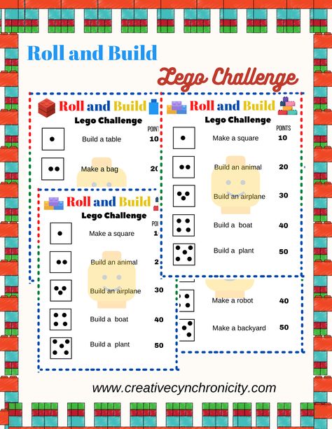 With this Roll and Build Lego Challenge, you'll roll the dice and based on what you roll, you use your Lego to build the item listed. Roll And Build, Make A Robot, Lego Challenge, Build A Table, Lego Club, Rolling Dice, Lego Activities, Roll The Dice, Todo List