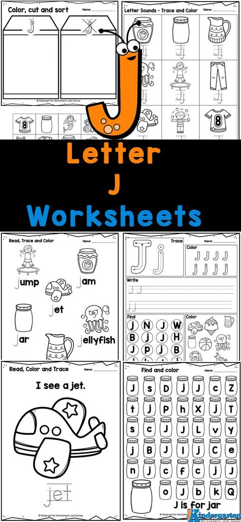 These free letter J worksheets are a fun way for children to work on learning the letters of the alphabet. Young children in preschool, pre-k, kindergarten and even grades 1 will love practicing tracing letter j while working on their fine motor skills, as well as their literacy skills with this fun new letter j printable pack. They will enjoy learning, practicing and reviewing the letter J with these cheerful, fun and free Letter J Worksheets for Kindergarten. Letter J Activity, Activities Coordinator, Letter I Activities, Letter J Activities, Letter J Crafts, Letter I Worksheet, Letter P Worksheets, Free Alphabet Printables, Free Printable Alphabet Worksheets