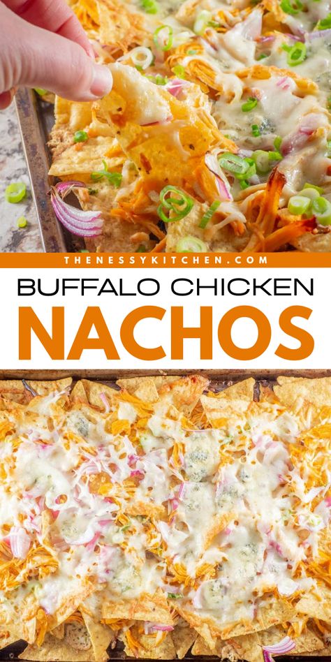 Get ready for these loaded buffalo chicken nachos! They're an easy appetizer for a crowd. With a combo of shredded chicken, and homemade buffalo sauce, these sheet pan nachos are a fun party snack. So, grab some tortilla chips for one of the best game day recipes! Sheet Pan Buffalo Chicken Nachos, Buffalo Chicken Dip Nachos, Game Day Nachos Football Season, Gameday Recipes Football Season, Chicken For Nachos, Buffalo Chicken Fries Recipes, Buffalo Nachos, Sheet Pan Buffalo Chicken, Pulled Chicken Nachos