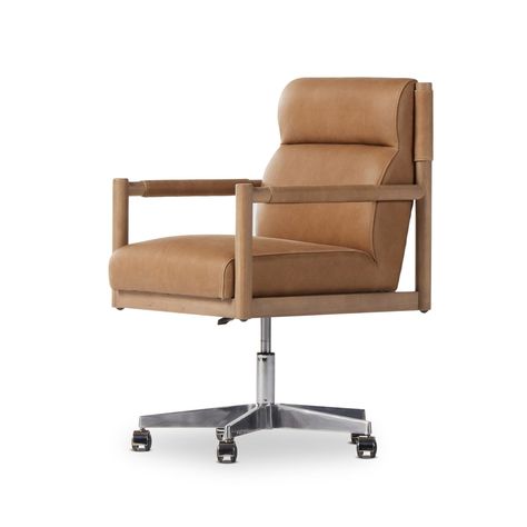 Wide channels add extra comfort to a structured desk chair of soft top-grain leather, with a 360-degree swivel made for the modern office.Product Overview Finish: Polished Aluminum Dimensions: 22"W x 27"D x 34"H Materials: Aluminum, Top Grain Leather, Solid Parawood Adjustable Seat Height: Yes Weight: 41.89 lb Specific Leather Desk Chair, Rolling Chair, Mcgee & Co, Leather Desk, Conference Chairs, Executive Office, Swivel Seating, Linen Upholstery, Four Hands