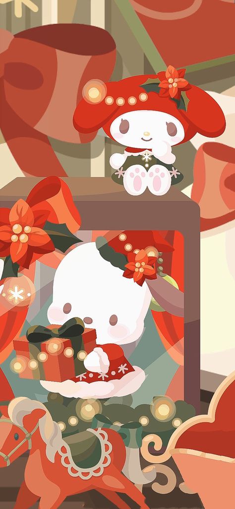 Pochacco Red Wallpaper, Christmas Decor Wallpaper, Sanrio New Year Wallpaper, Sanrio Holiday Wallpaper, Kuromi Wallpaper Christmas, Sanrio Christmas Wallpaper Desktop, Korean Christmas Wallpaper, Couple Christmas Wallpaper, Pochacco Christmas Wallpaper