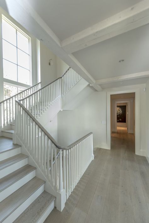 Staircase Banister Ideas, Gray Floors, Exquisite Surfaces, Hand Railing, Gray Stairs, White Stairs, Flooring For Stairs, Staircase Remodel, Stair Remodel