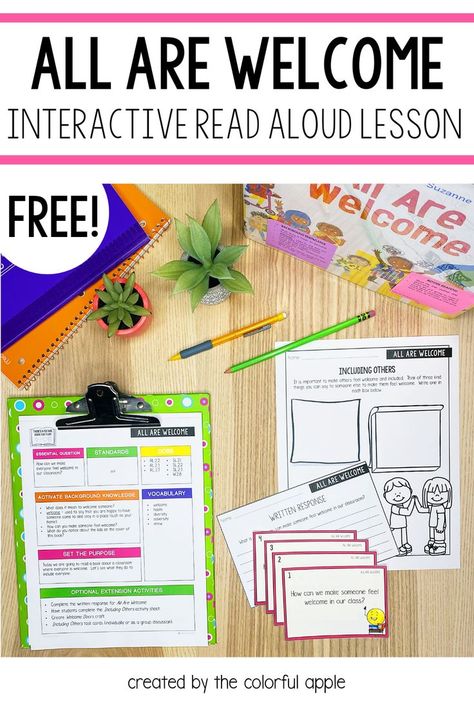 This FREE interactive read aloud for the book, All Are Welcome is perfect for back to school! The lesson plan, discussion questions and activities will guide your students in a discussion about creating a positive classroom community. And it saves you time - just print and read! The task cards, craftivity and writing activities will certainly bring the book, All Are Welcome, to life in your classroom. We Are All Welcome Book Activities, All Are Welcome Here Book Activities, All Are Welcome Activities, Just Ask Book Activities, The Day You Begin Book Activities, All Are Welcome Book Activities, Read Aloud Activities, Interactive Read Aloud, Teacher Freebies