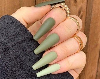 Matte Green Nails, Olive Nails, Dark Green Nails, Green Acrylic Nails, Long Stiletto, Medium Almond, Green Nail Designs, Acrylic Press On Nails, Gradient Nails