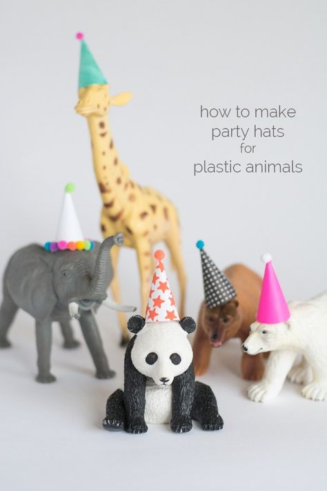 How to Make Party Hats for Plastic Animals | this heart of mine Animal Party Hats, Zoo Birthday Party, Jungle Theme Parties, Zoo Birthday, Toy Animals, Animal Birthday Party, Jungle Party, Safari Birthday, Safari Party