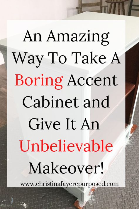 Take a boring, outdated accent cabinet and give it a beautiful and chic makeover using paint and a stencil.  The after is amazing!  #makeover #diy #cabinet #upcycle Painted Accent Cabinet, Accent Cabinet Makeover, Small Cabinet Makeover, Refurbished Cabinets, Tall Cabinet With Doors, Cabinet Upcycle, Stenciled Doors, Free Standing Kitchen Cabinets, Wood Accent Cabinet