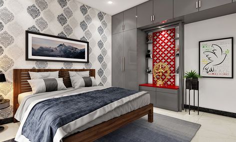 The grandparents' bedroom idea with mandir designed with jali work also looks very intricate. Grandparents Bedroom Interior, Grandparents Bedroom Ideas, Grandparents Room Ideas, Bedroom Design For Parents, Parents Bedroom Ideas, Grandparents Bedroom, Parents Bedroom Design, Ocean Decor Bedroom, Wood Panel Bedroom