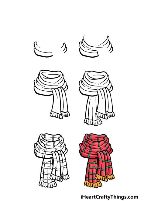 Scarf Drawing - How To Draw A Scarf Step By Step Scarf Around Neck Drawing, Christmas Scarf Drawing, How To Draw Socks, How To Draw A Scarf, Scarf Drawing Reference, Scarf Doodle, Scarf Sketch, Relaxing Drawing, Scarf Illustration